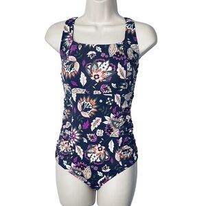 Lands’ End One Piece Swimsuit, Size 10, Plum Background Orange Avocado Burgundy